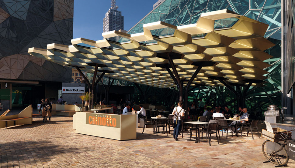 Federation Square, Melbourne, hexagonal roof structure is made from 8mm thick BlueScope XLERPLATE® steel 250 Grade plate; mild steel structural columns and integrated stainless steel drainpipes.