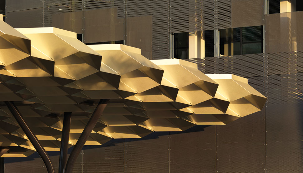 Federation Square, Melbourne, hexagonal roof structure is made from 8mm thick BlueScope XLERPLATE® steel 250 Grade plate; mild steel structural columns and integrated stainless steel drainpipes.
