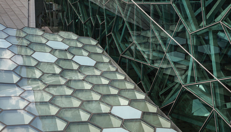 Federation Square, Melbourne, hexagonal roof structure is made from 8mm thick BlueScope XLERPLATE® steel 250 Grade plate; mild steel structural columns and integrated stainless steel drainpipes.