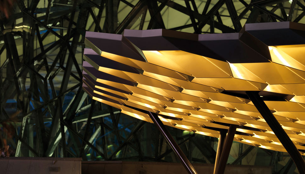 Federation Square, Melbourne, hexagonal roof structure is made from 8mm thick BlueScope XLERPLATE® steel 250 Grade plate; mild steel structural columns and integrated stainless steel drainpipes.