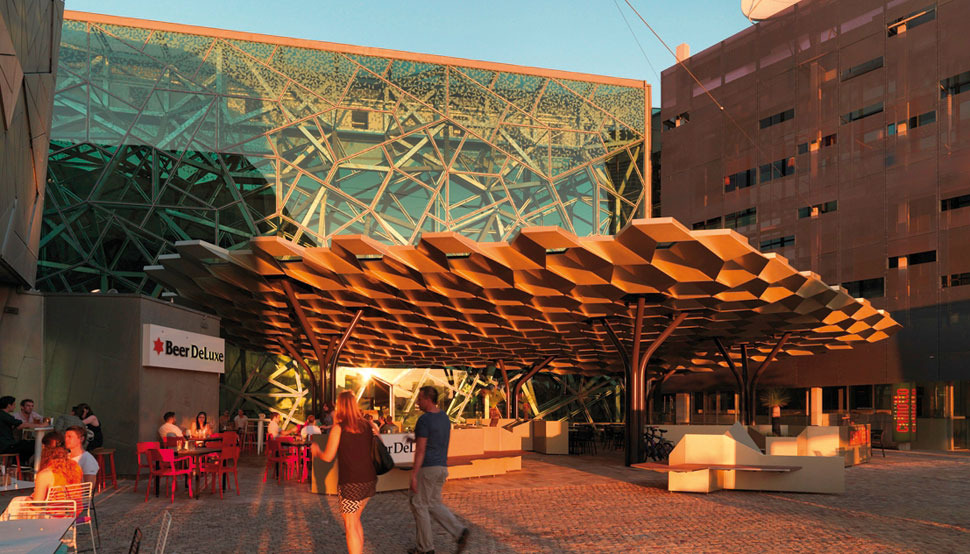 Federation Square, Melbourne, hexagonal roof structure is made from 8mm thick BlueScope XLERPLATE® steel 250 Grade plate; mild steel structural columns and integrated stainless steel drainpipes.