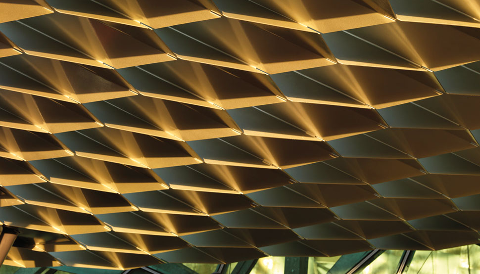 Federation Square, Melbourne, hexagonal roof structure is made from 8mm thick BlueScope XLERPLATE® steel 250 Grade plate; mild steel structural columns and integrated stainless steel drainpipes.