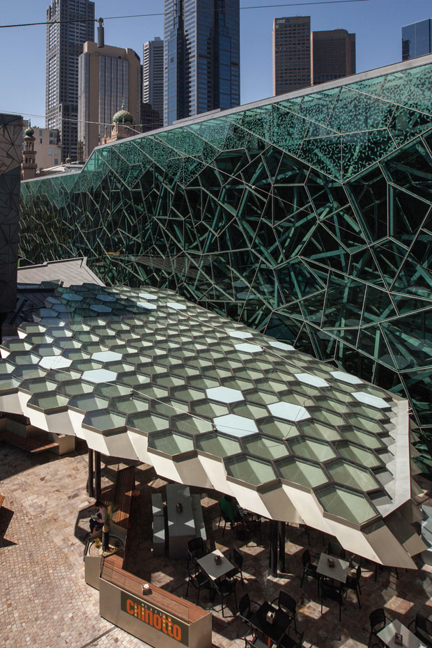 Federation Square, Melbourne, hexagonal roof structure is made from 8mm thick BlueScope XLERPLATE® steel 250 Grade plate; mild steel structural columns and integrated stainless steel drainpipes.