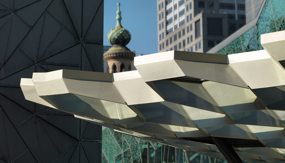 Federation Square, Melbourne, hexagonal roof structure is made from 8mm thick BlueScope XLERPLATE® steel 250 Grade plate; mild steel structural columns and integrated stainless steel drainpipes.