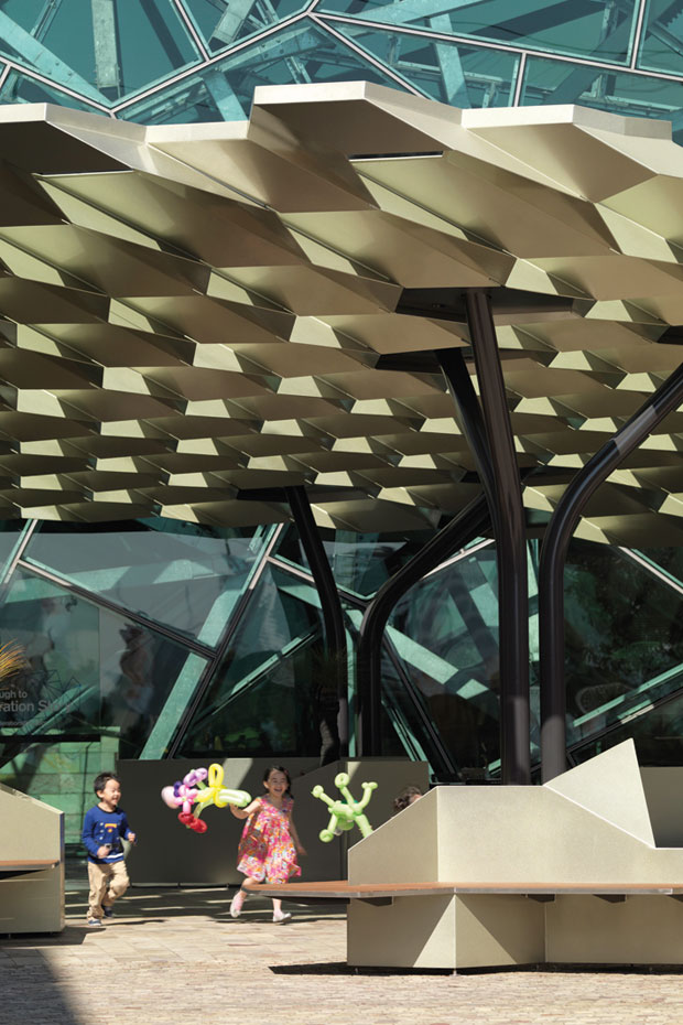 Federation Square, Melbourne, hexagonal roof structure is made from 8mm thick BlueScope XLERPLATE® steel 250 Grade plate; mild steel structural columns and integrated stainless steel drainpipes.