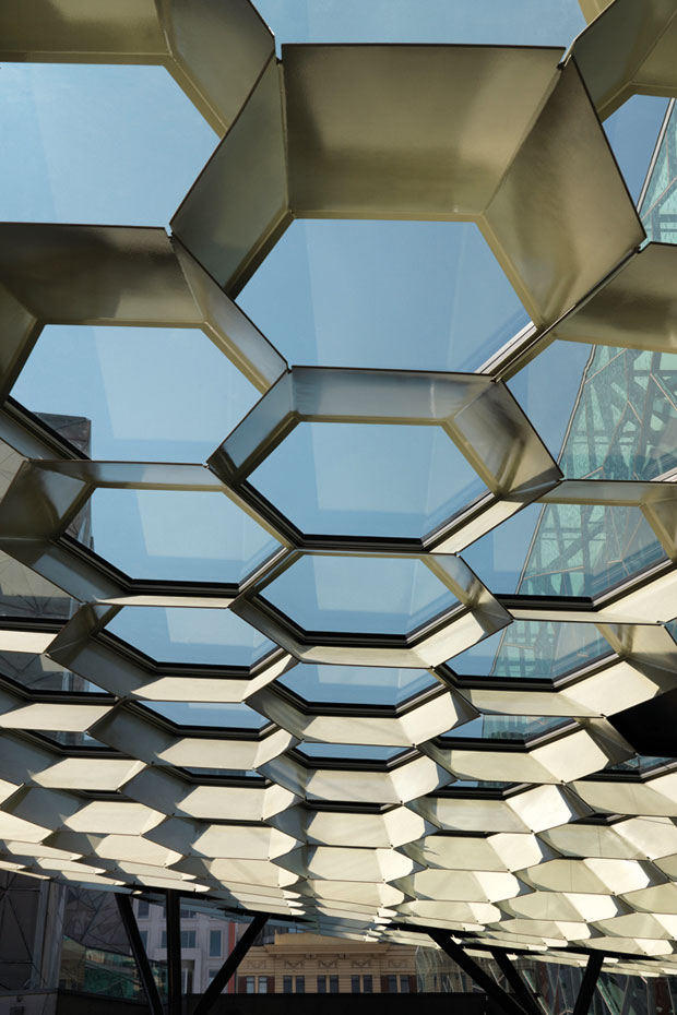 Federation Square, Melbourne, hexagonal roof structure is made from 8mm thick BlueScope XLERPLATE® steel 250 Grade plate; mild steel structural columns and integrated stainless steel drainpipes.