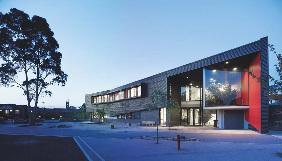 Dandenong High School is clad in Stramit Longspan® made from COLORBOND® steel in the lighter Shale Grey™ facing the sun, while the darker Night Sky® faces the shade.