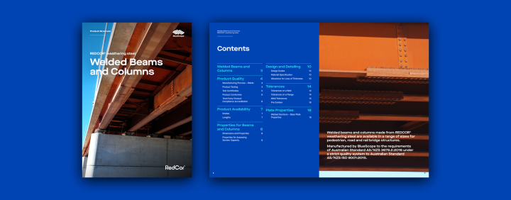 Product brochure REDCOR® weathering steel welded beams and columns cover and spread blue background