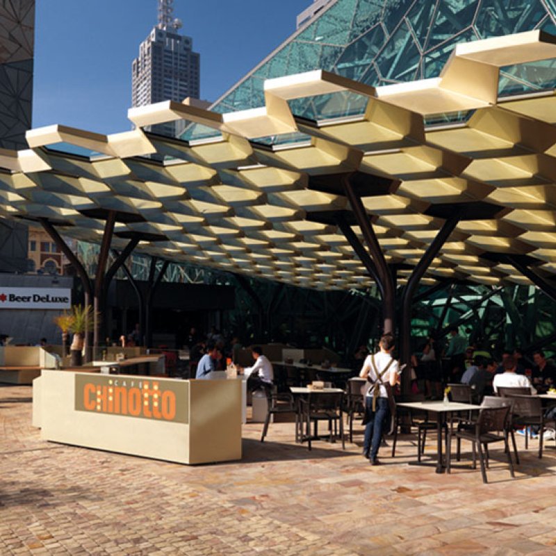 Federation Square, Melbourne, hexagonal roof structure is made from 8mm thick BlueScope XLERPLATE® steel 250 Grade plate; mild steel structural columns and integrated stainless steel drainpipes.