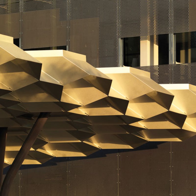 Federation Square, Melbourne, hexagonal roof structure is made from 8mm thick BlueScope XLERPLATE® steel 250 Grade plate; mild steel structural columns and integrated stainless steel drainpipes.