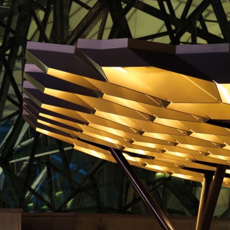 Federation Square, Melbourne, hexagonal roof structure is made from 8mm thick BlueScope XLERPLATE® steel 250 Grade plate; mild steel structural columns and integrated stainless steel drainpipes.