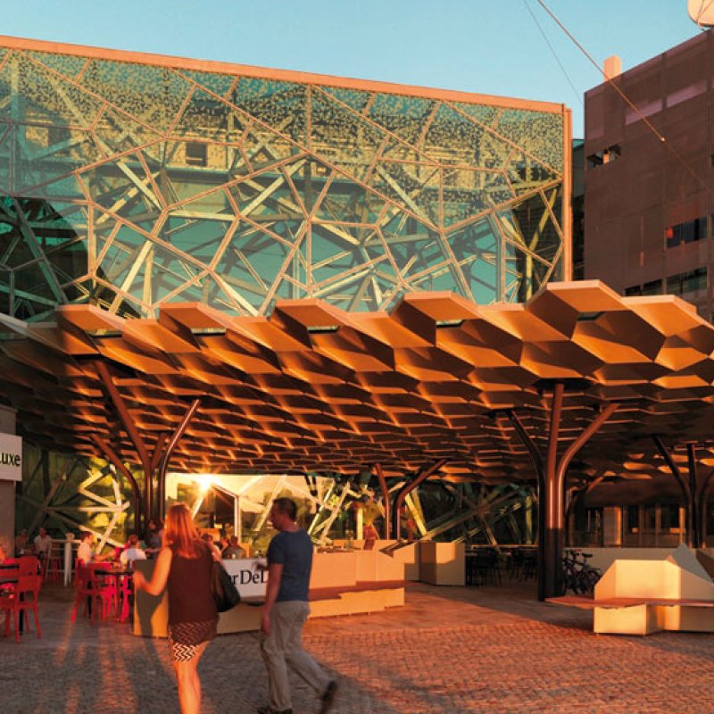 Federation Square, Melbourne, hexagonal roof structure is made from 8mm thick BlueScope XLERPLATE® steel 250 Grade plate; mild steel structural columns and integrated stainless steel drainpipes.