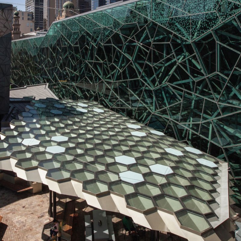Federation Square, Melbourne, hexagonal roof structure is made from 8mm thick BlueScope XLERPLATE® steel 250 Grade plate; mild steel structural columns and integrated stainless steel drainpipes.