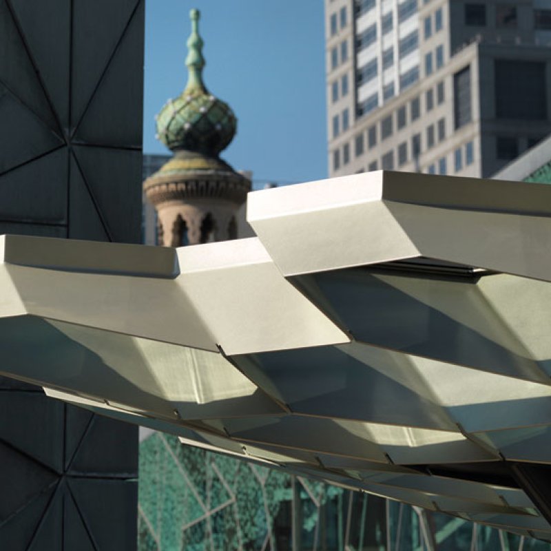 Federation Square, Melbourne, hexagonal roof structure is made from 8mm thick BlueScope XLERPLATE® steel 250 Grade plate; mild steel structural columns and integrated stainless steel drainpipes.