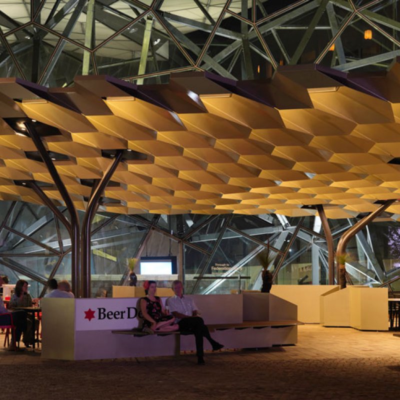 Federation Square, Melbourne, hexagonal roof structure is made from 8mm thick BlueScope XLERPLATE® steel 250 Grade plate; mild steel structural columns and integrated stainless steel drainpipes.