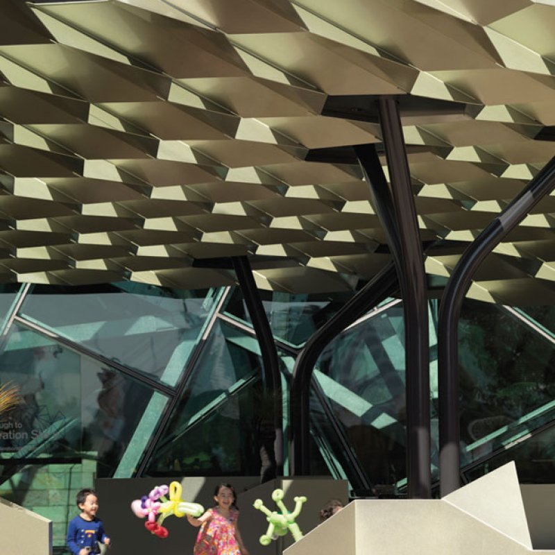 Federation Square, Melbourne, hexagonal roof structure is made from 8mm thick BlueScope XLERPLATE® steel 250 Grade plate; mild steel structural columns and integrated stainless steel drainpipes.