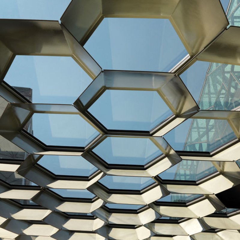 Federation Square, Melbourne, hexagonal roof structure is made from 8mm thick BlueScope XLERPLATE® steel 250 Grade plate; mild steel structural columns and integrated stainless steel drainpipes.