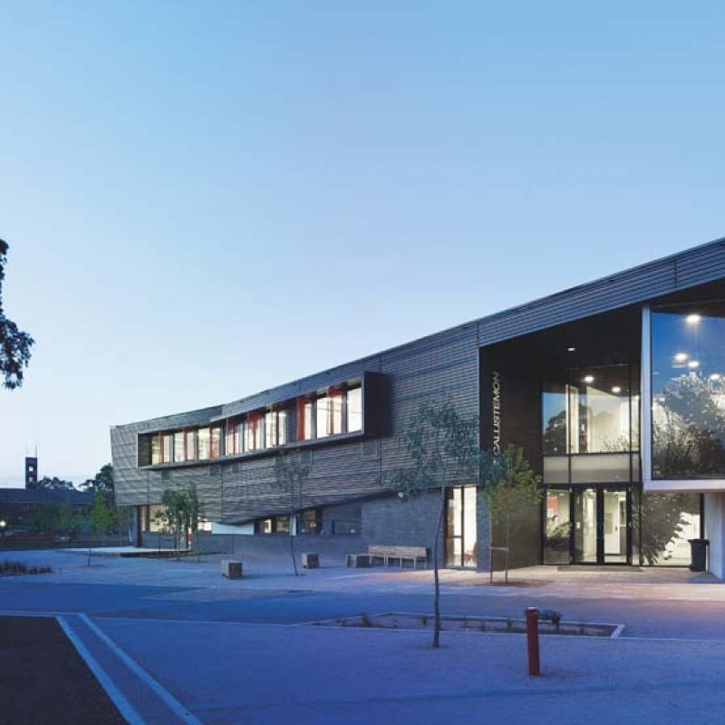 Dandenong High School is clad in Stramit Longspan® made from COLORBOND® steel in the lighter Shale Grey™ facing the sun, while the darker Night Sky® faces the shade.